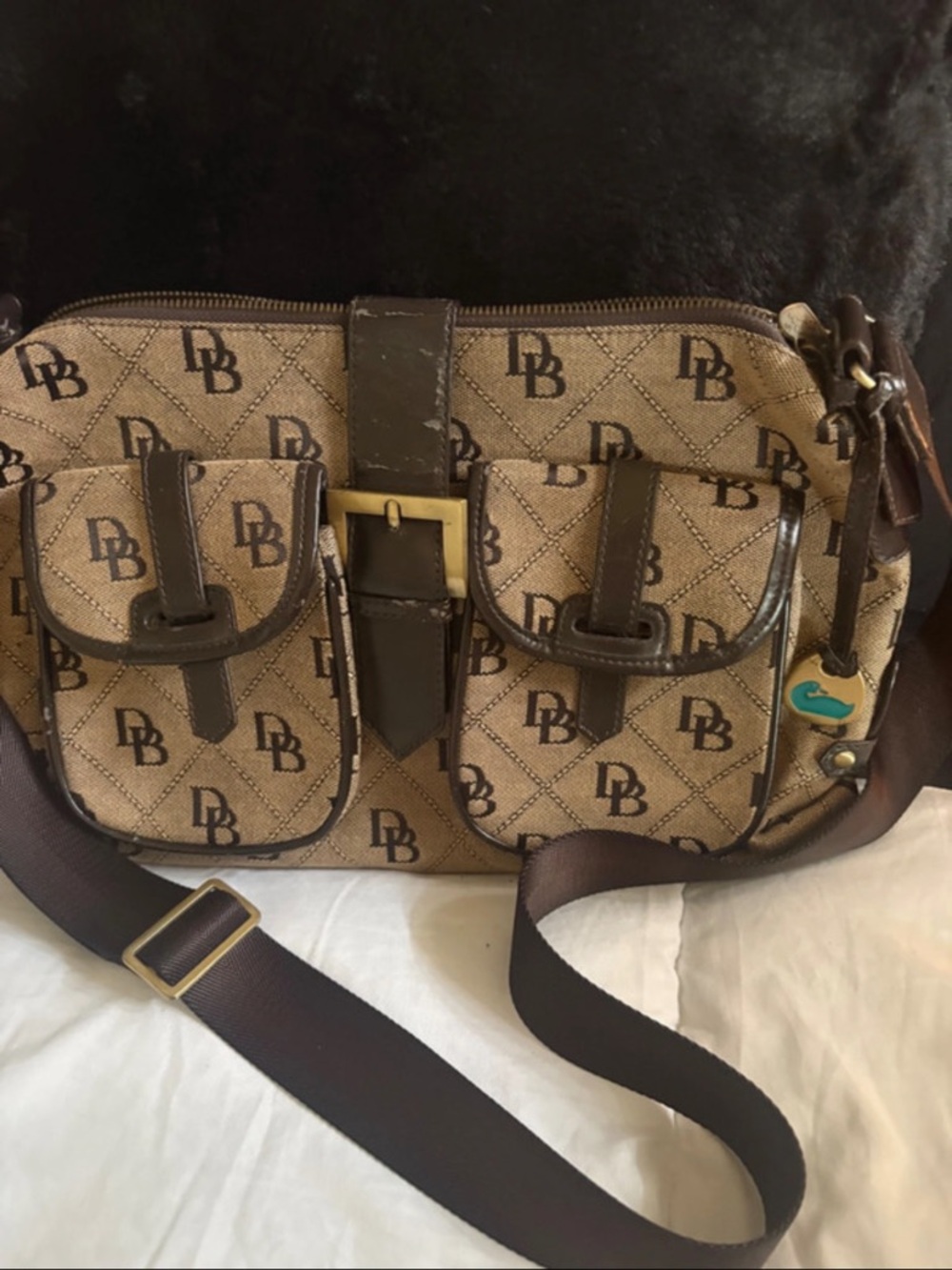 Vintage Patterned Canvas Messenger Bag in Brown with Adjustable Strap